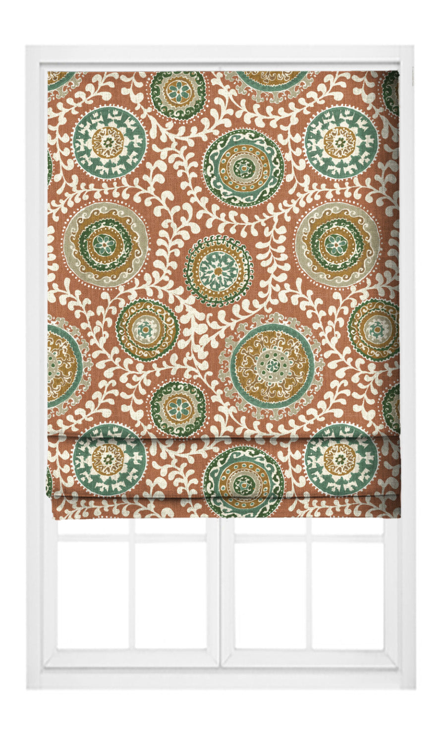 Ajrakh-Style Floral Print Pinch Pleat, Rod Pocket, Eyelet Curtains (Orange-Brown/Teal Blue/ Green)
