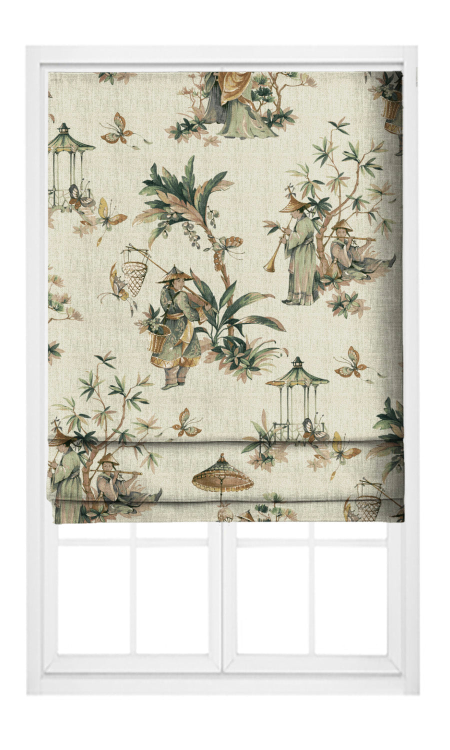 Chinoiserie Floral Pinch Pleat, Rod Pocket, Eyelet Curtains (Cream/ Pale Green)
