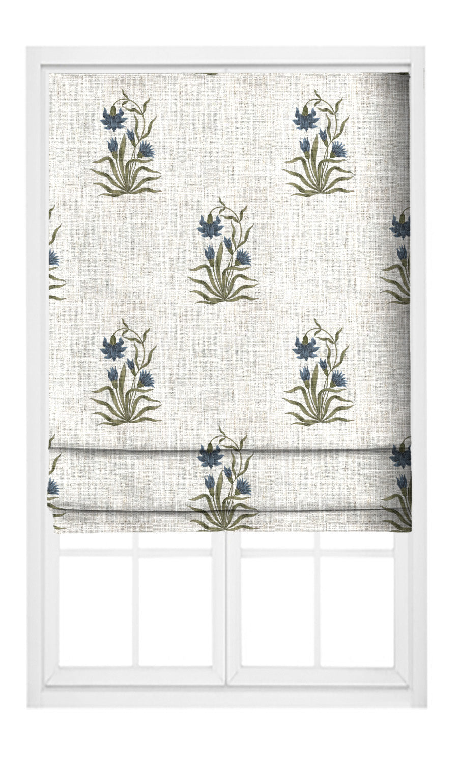 Floral Block Print Flat, Plain, Fake, Faux, European Relaxed Roman Shades (Cream/ Navy Blue/ Green)