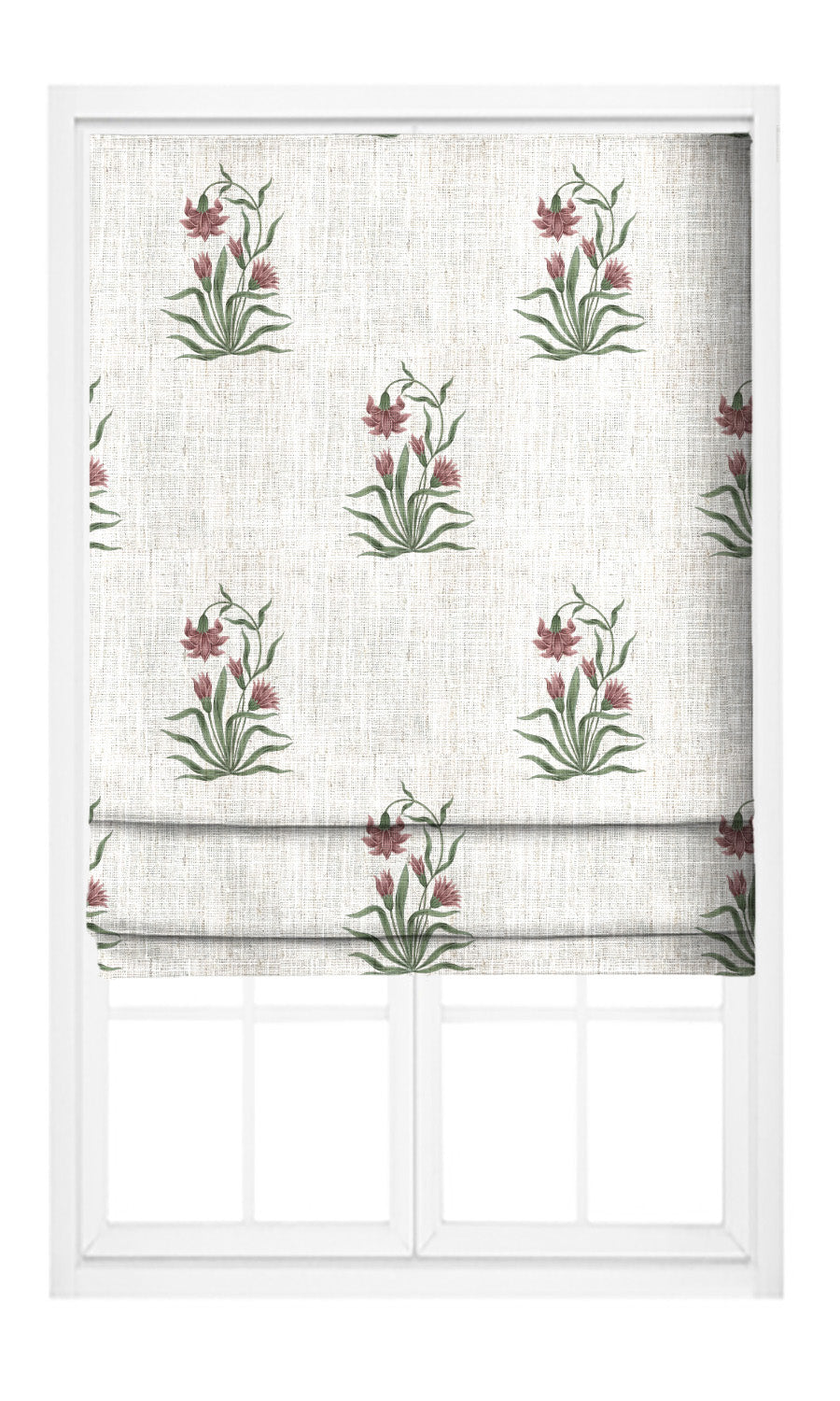 Floral Block Print Pinch Pleat, Rod Pocket, Eyelet Curtains (Cream/ Burgundy Red/ Green)