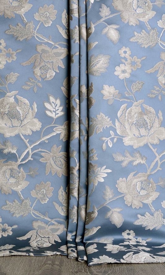 Floral Faux Silk Window Curtains (Indigo Blue/ Greige)