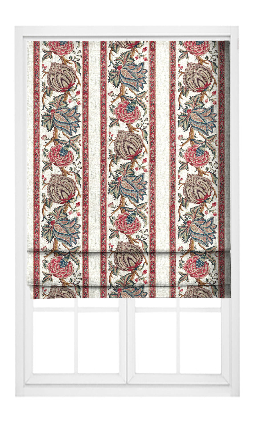 French Floral Stripes Pinch Pleat, Rod Pocket, Eyelet Curtains (Coral Pink/ Blue/ Greige)