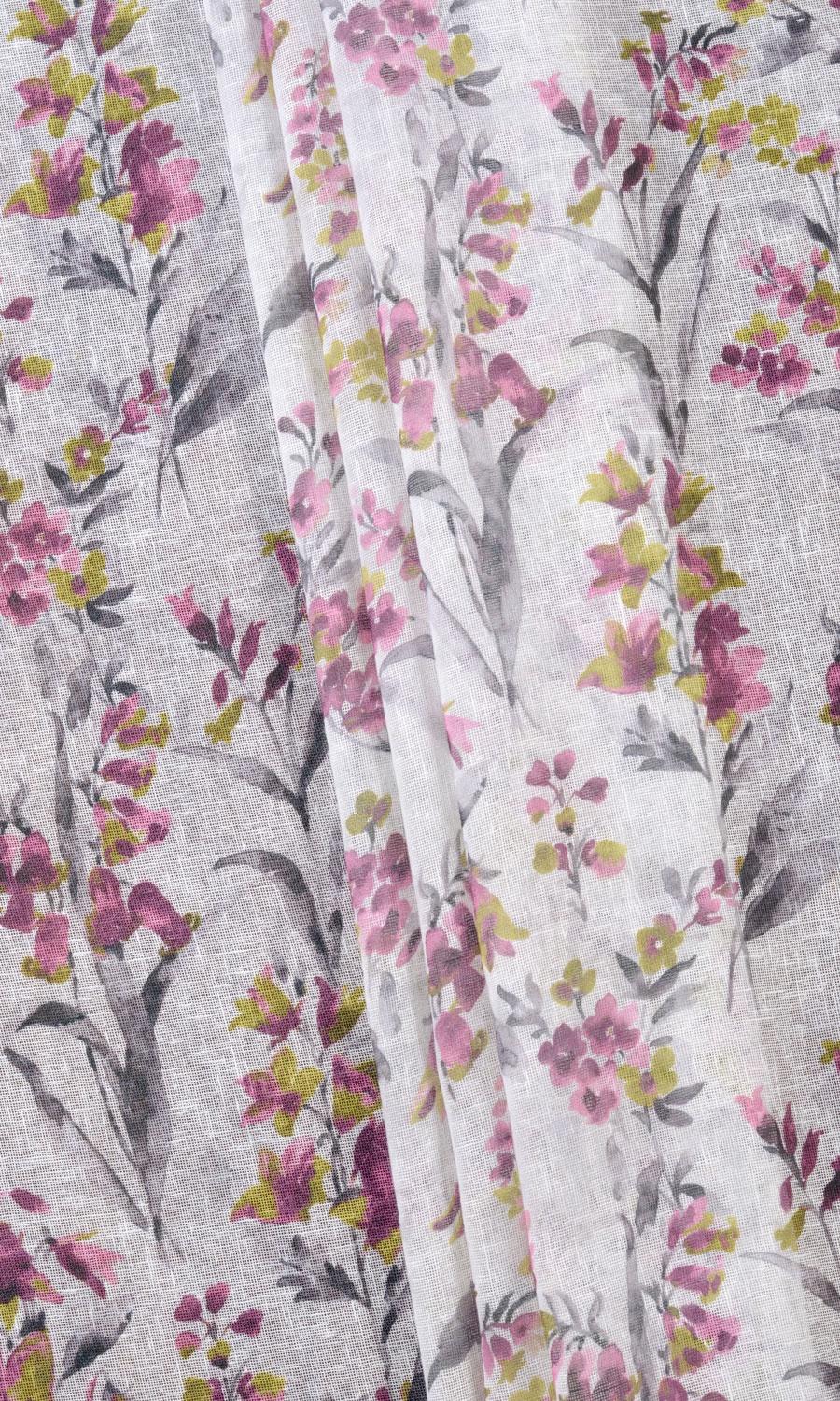 Sheer Floral Print Pinch Pleat, Rod Pocket, Eyelet Curtains (Pink/ Grey)