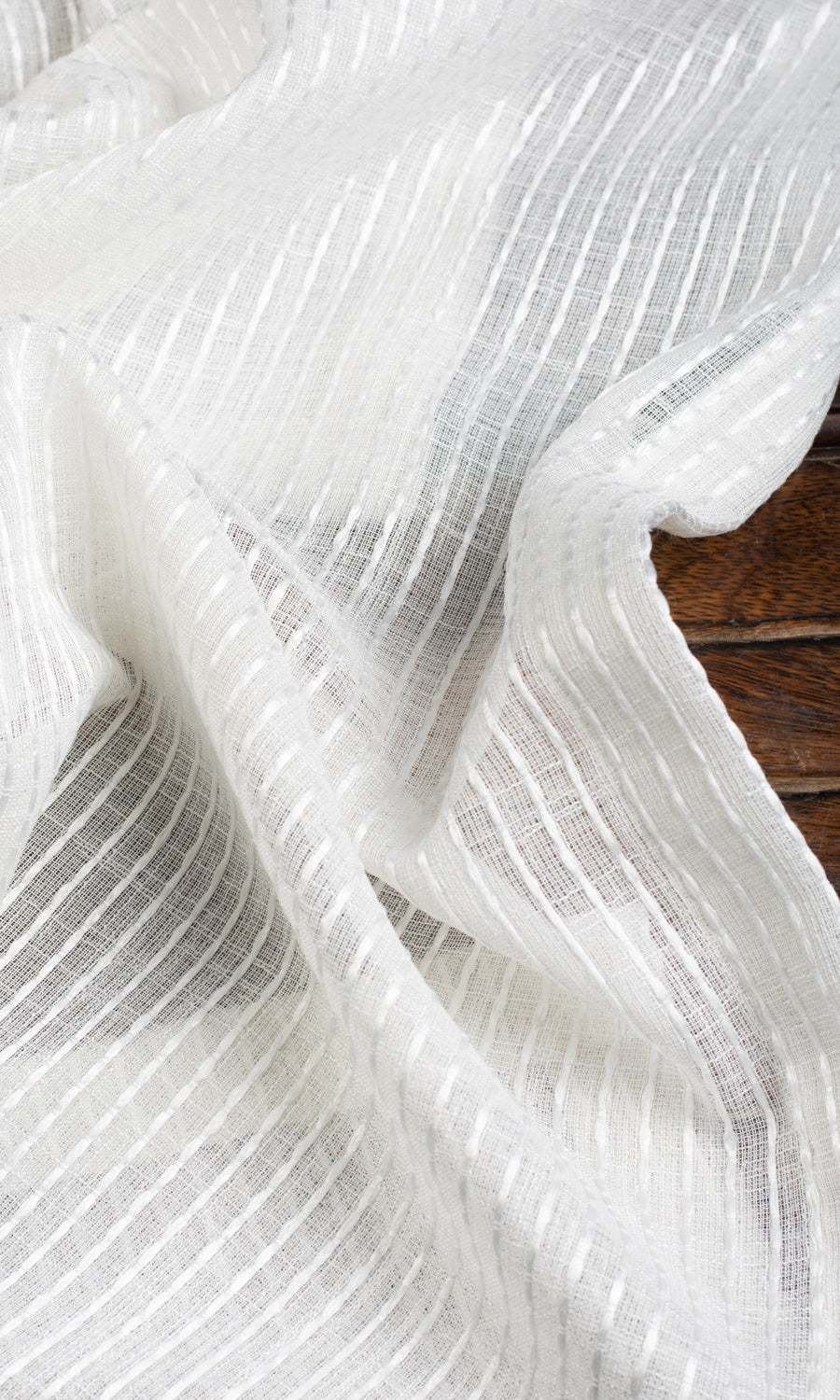 Embroidered Striped Sheer Custom Curtains (White)