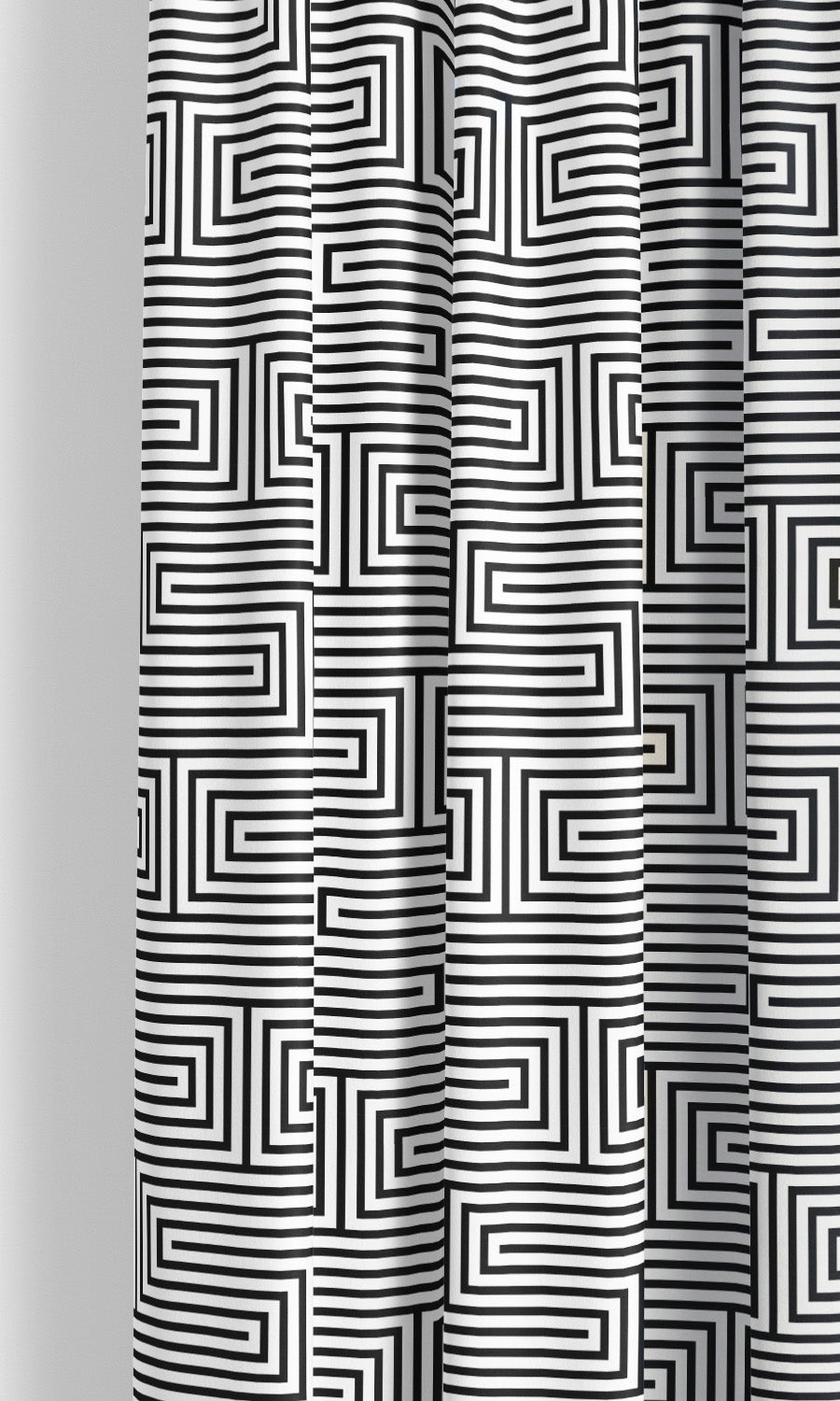 Geometric Maze Line Print Velvet Window Curtains (Warm White/ Black)