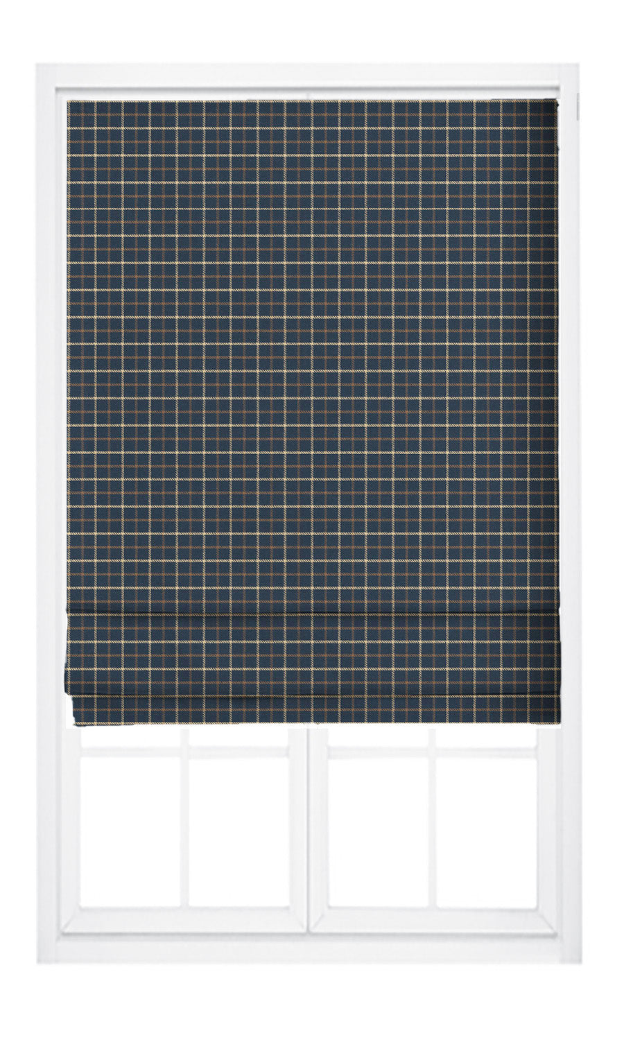 Tattersall Check Velvet Pinch Pleat, Rod Pocket, Eyelet Curtains (Midnight Blue/ Peanut Brown/ White)