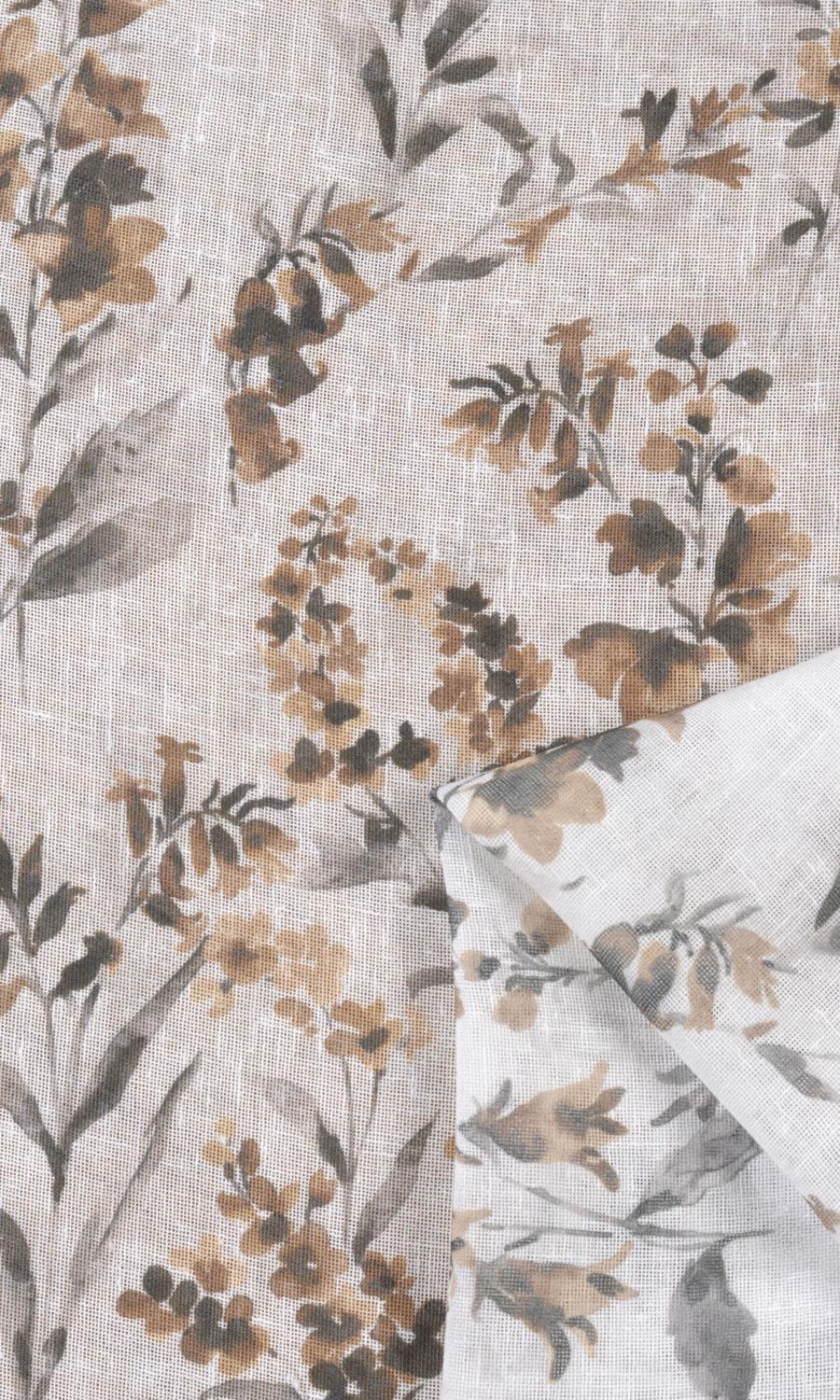 Sheer Floral Print Pinch Pleat, Rod Pocket, Eyelet Curtains (Beige/ Brown)