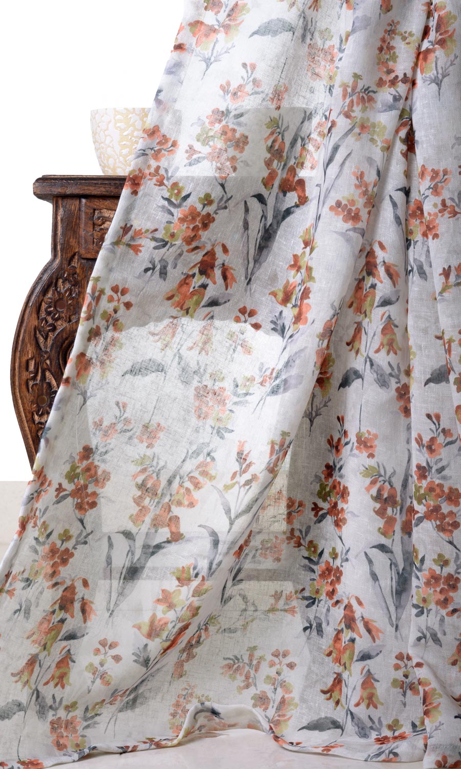 Floral Print Sheer Window Curtains for Living, Bedroom, Kitchen, Bathroom (White/ Orange)