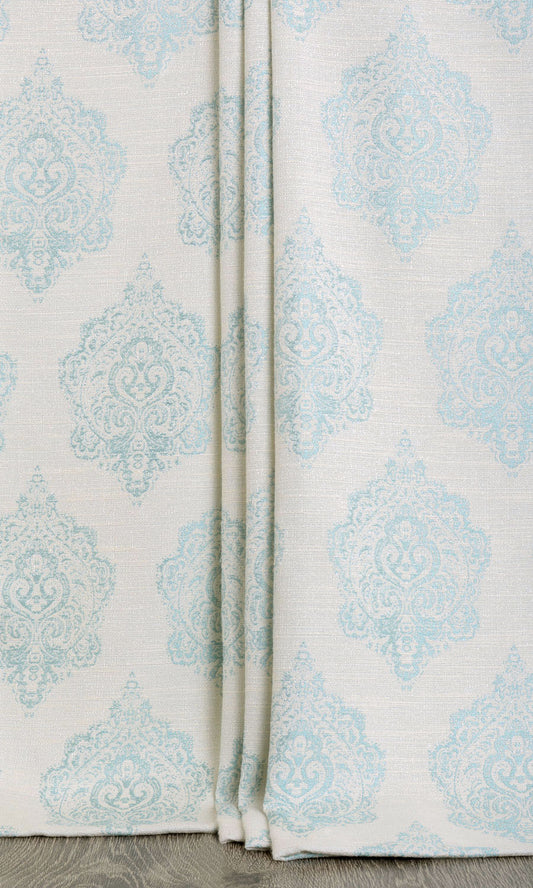 Damask Poly-Cotton Curtain Panels (White/ Blue)