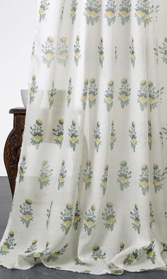 Sheer Floral Curtain Panels (White/ Green/ Yellow)