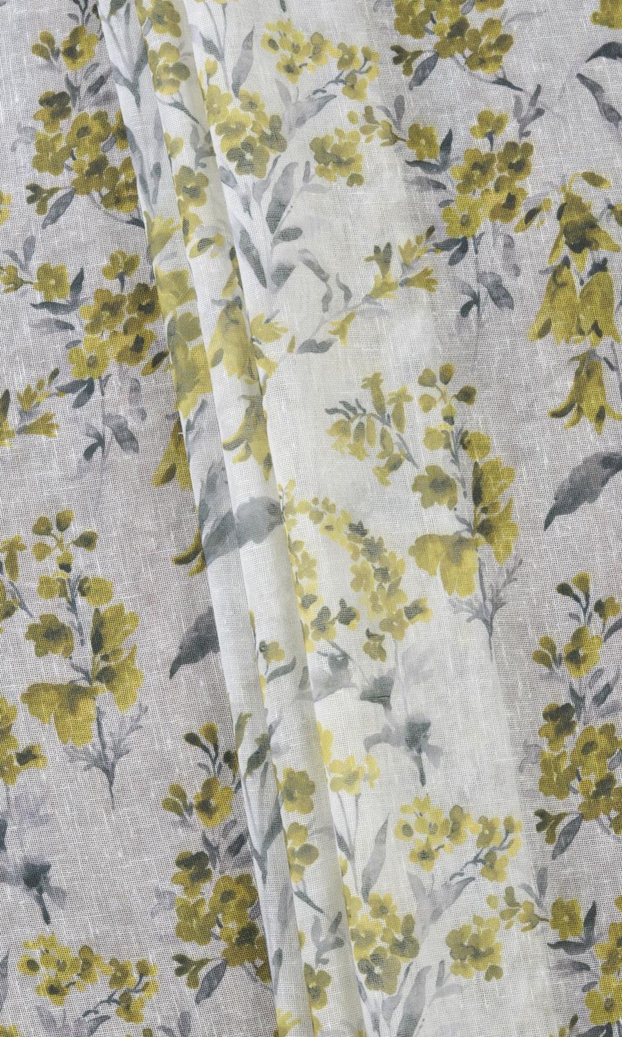 Sheer Floral Print Pinch Pleat, Rod Pocket, Eyelet Curtains (Yellow/ Gray)