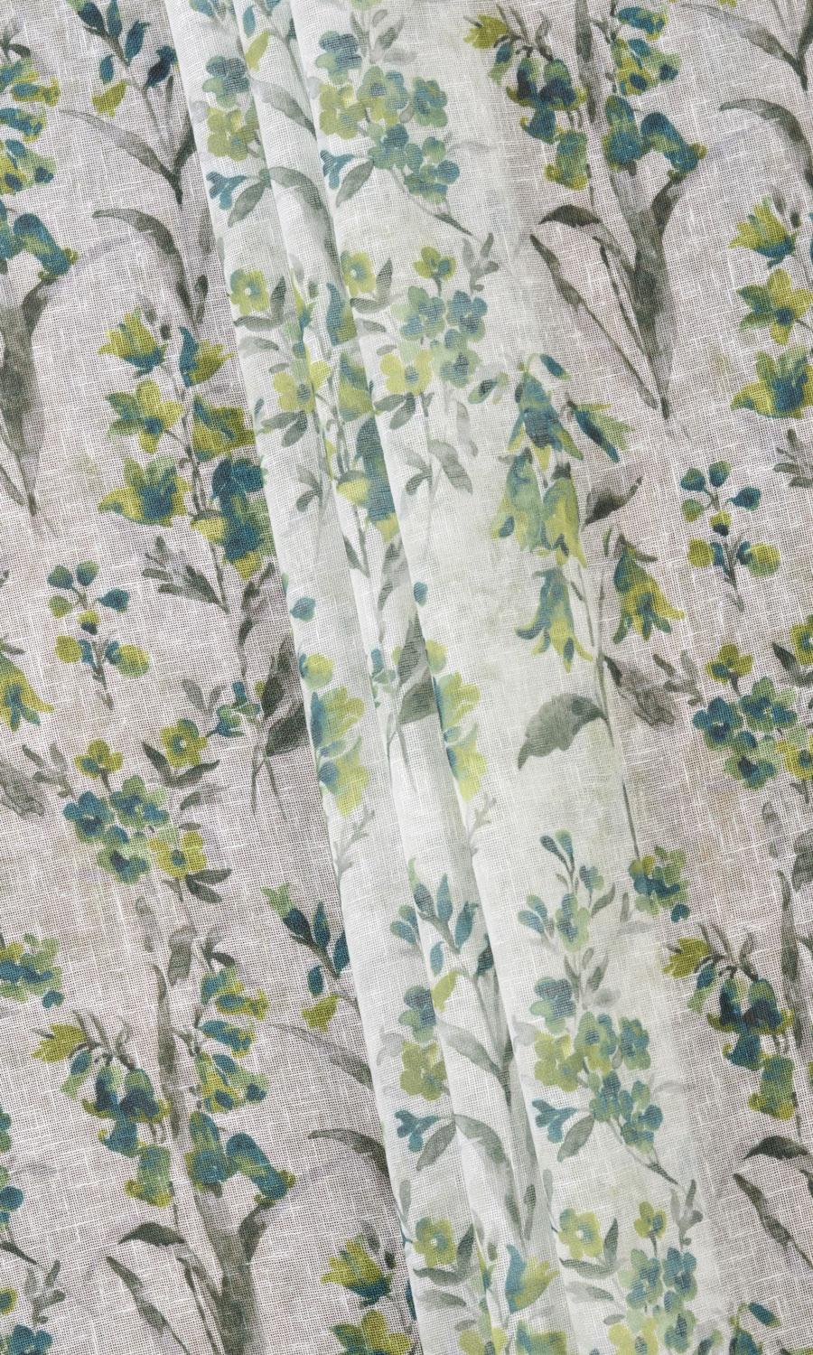 Sheer Floral Print Pinch Pleat, Rod Pocket, Eyelet Curtains (Blue/ Green)