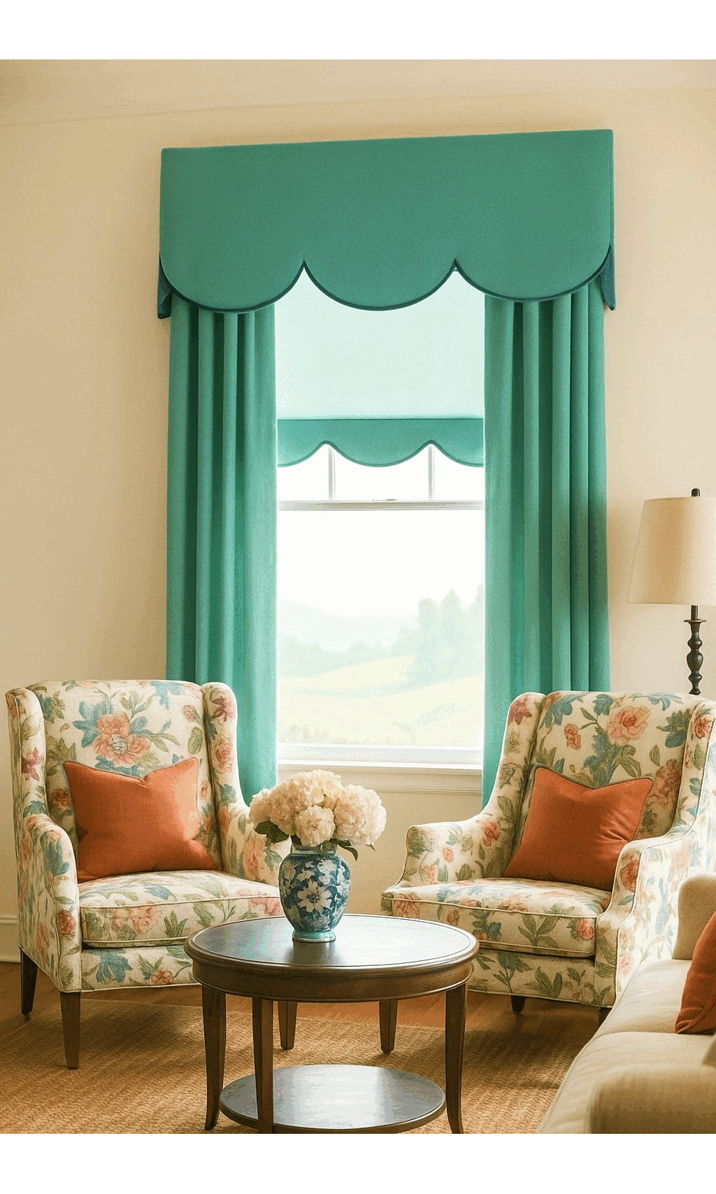 Scalloped valance with curtains