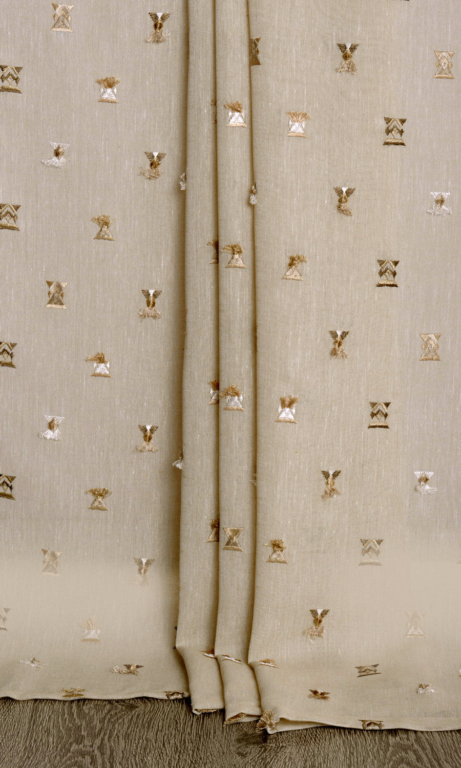 Embroidered Semi-Sheer Pinch Pleat, Rod Pocket, Eyelet Curtains (Beige/ Brown)