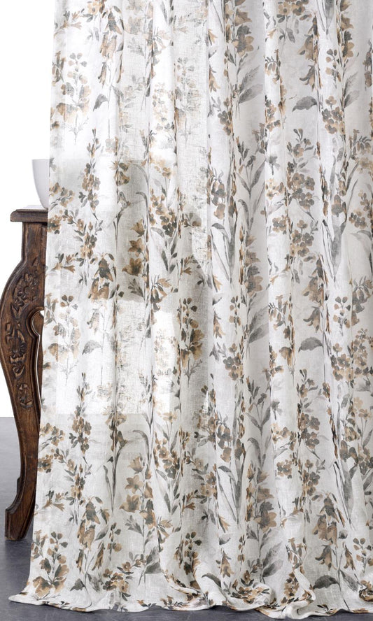 Sheer Floral Print Window Curtains (Beige/ Brown)