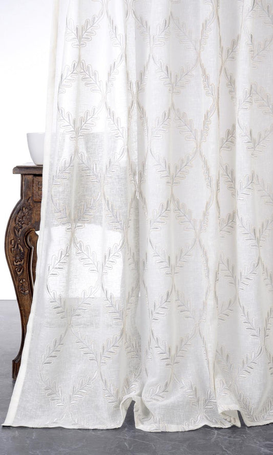 Sheer Floral Embroidered Window Curtains (White/ Cream)