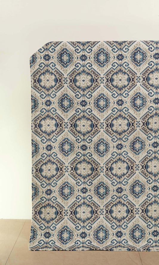 Aztec-Print Window Curtains (Beige/ Blue)