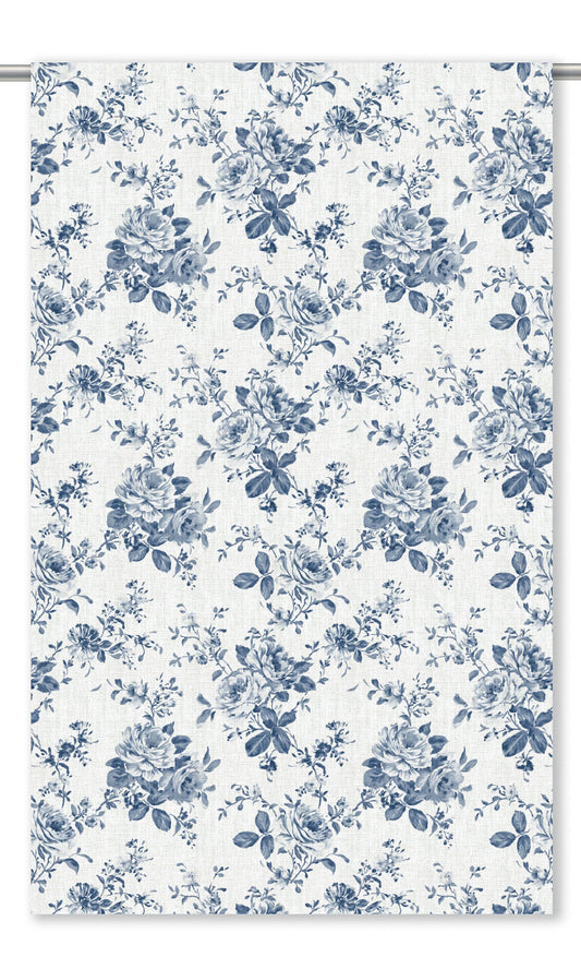 Floral Toile Window Curtains (Navy Blue/ White)