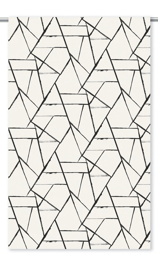 Abstract Cubist Line Print Velvet Window Curtains (Warm White/ Black)