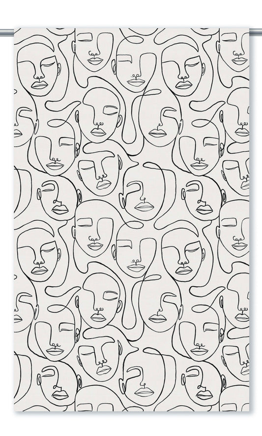 Picasso Faces Line Print Velvet Window Curtains (Warm White/ Black)