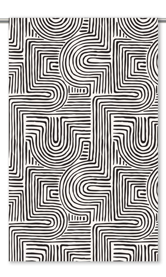Abstract Maze Line Print Velvet Drapes (Warm White/ Black)