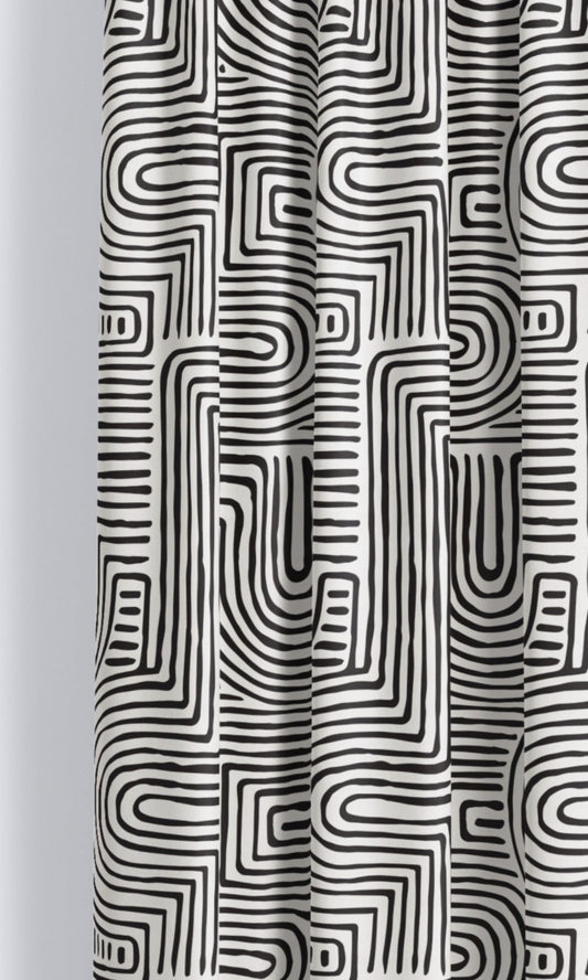 Abstract Maze Line Print Velvet Drapes (Warm White/ Black)