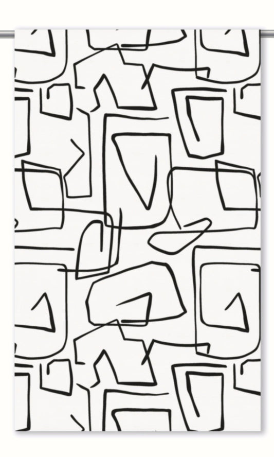 Abstract Line Print Velvet Window Curtains (Warm White/ Black)