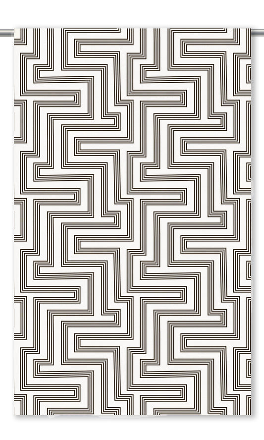 Abstract Maze Line Print Velvet Window Curtains (Warm White/ Black)