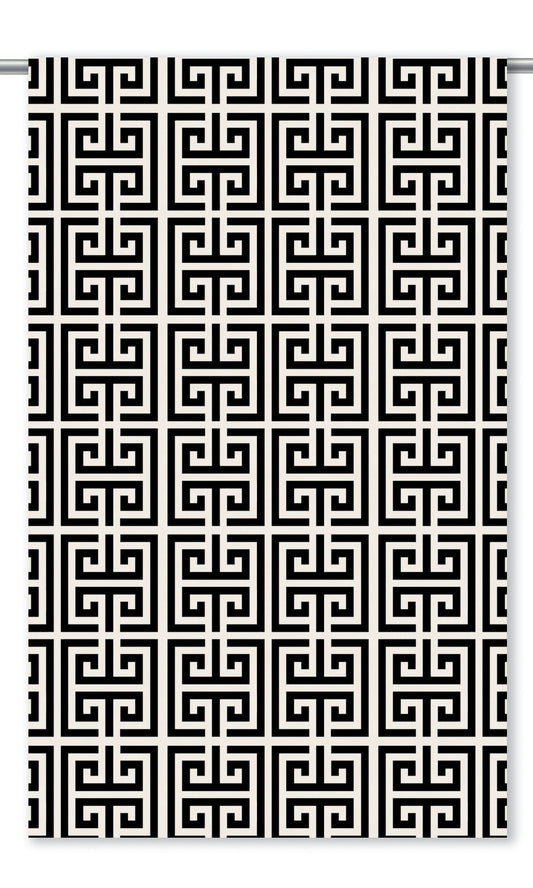 Greek Key Patterned Velvet Window Curtains (Warm White/ Black)