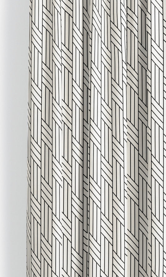 Geometric Line Print Velvet Window Curtains (Warm White/ Black)