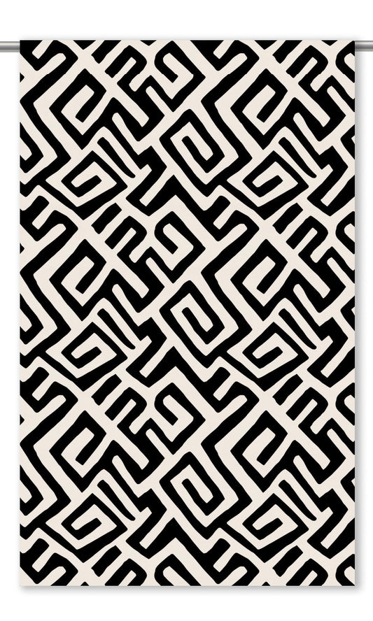 Abstract Maze Print Velvet Drapery (Warm White/ Black)
