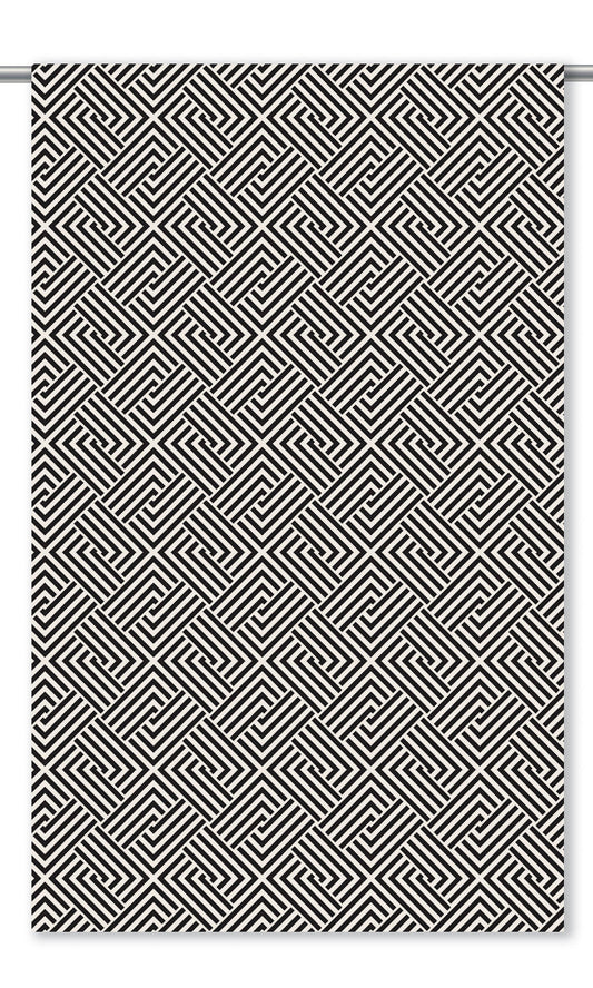 Geometric Maze Print Velvet Drapes (Warm White/ Black)