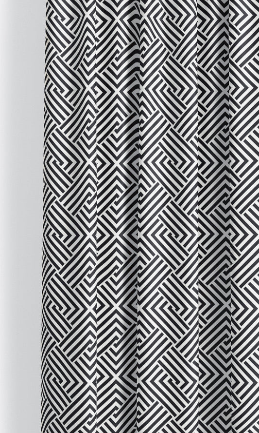 Geometric Maze Print Velvet Drapes (Warm White/ Black)