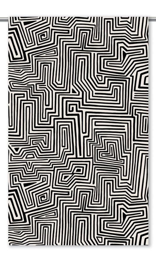 Abstract Maze Print Velvet Window Curtains (Warm White/ Black)