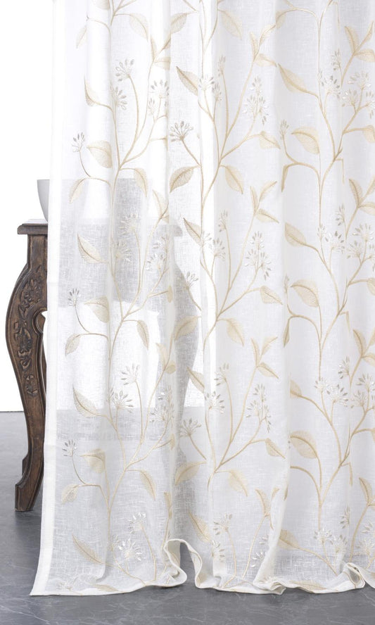 Sheer Floral Embroidered Window Curtains (White/ Beige)