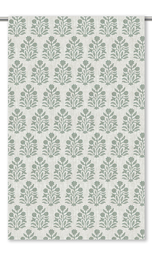 Floral Block Print Drapery (Cream/ Stone Blue)