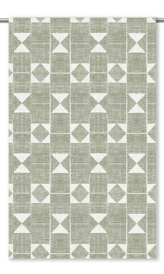 Geometric Print Window Curtains (Moss Green/ White)
