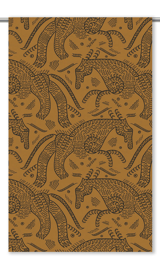Abstract Animal Line Print Velvet Window Curtains (Ochre Yellow/ Black)
