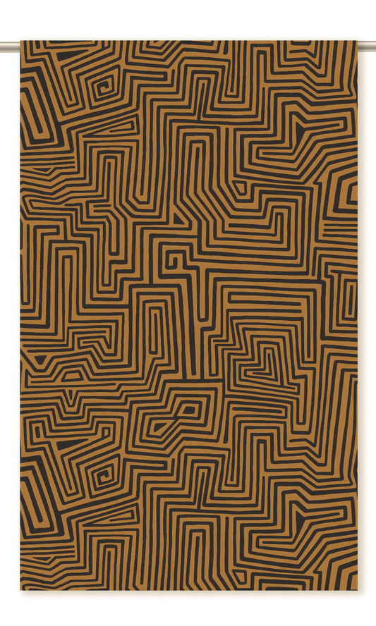 Abstract Maze Print Velvet Window Curtains (Tawny Brown/ Ochre Yellow/ Black)