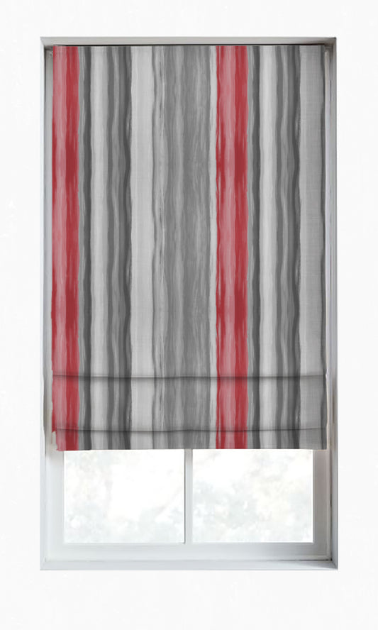 Dimout Striped Window Curtains (Grey/ Coral Red)