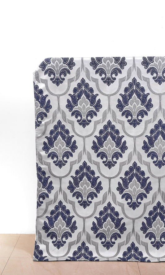 Damask Window Curtains (Navy Blue/ Grey)