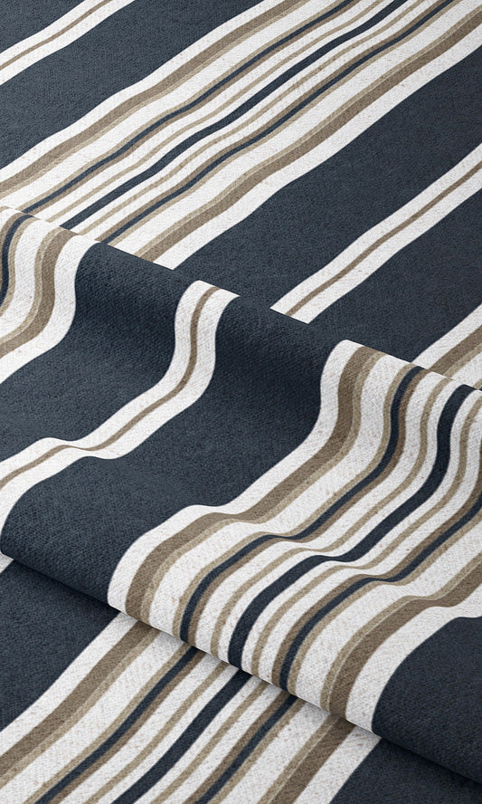Striped Window Curtains (Midnight Blue/ Brown/ White)