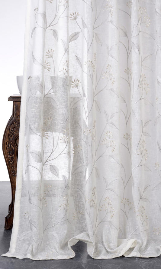 Sheer Floral Embroidered Home Decor Fabric Sample (White/ Cream)