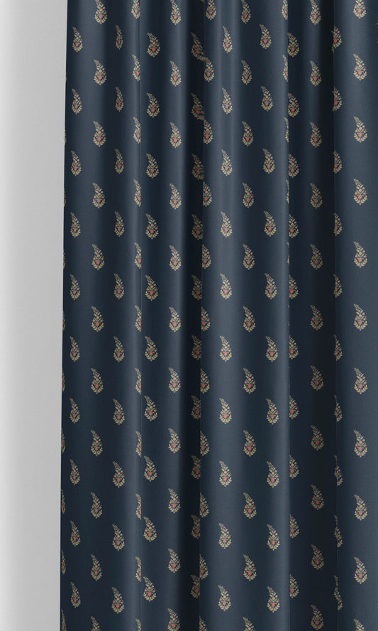 Paisley Floral Block Print Velvet Window Curtains (Charcoal Gray/ Pink/ Pale Yellow)