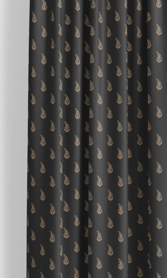 Paisley Floral Block Print Velvet Window Curtains (Black/ Green)