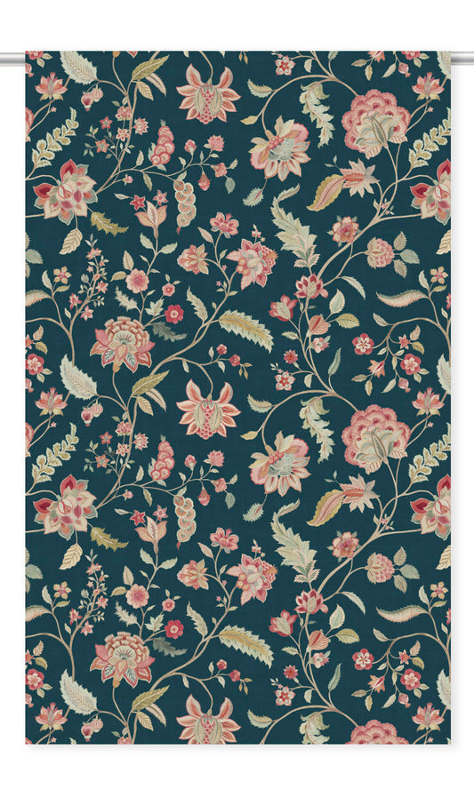 Jacobean Floral Velvet Drapes (Teal Blue/ Pink/ Pale Green)