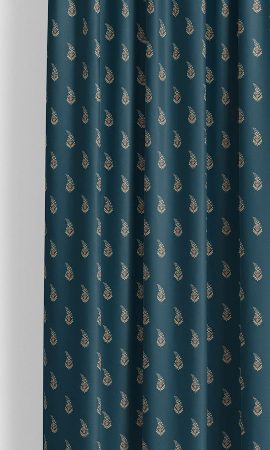 Paisley Floral Block Print Velvet Window Curtains (Teal Blue/ Green)