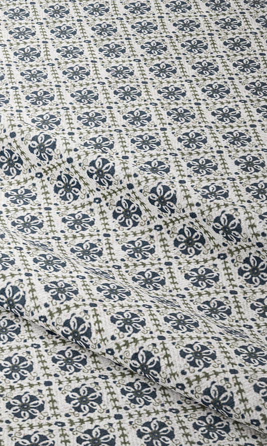 Floral Lattice Print Curtain Panels (Navy Blue/ White)