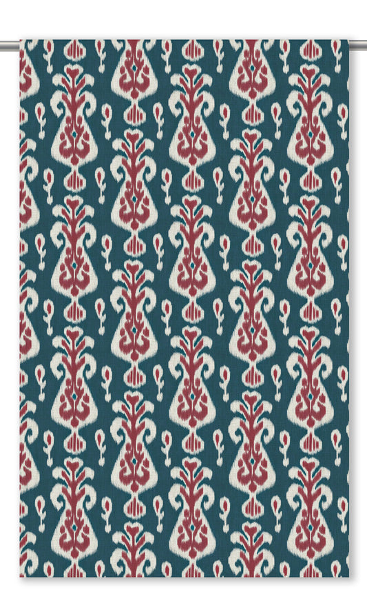 Ikat Floral Drapery (Prussian Blue/ Maroon Red)