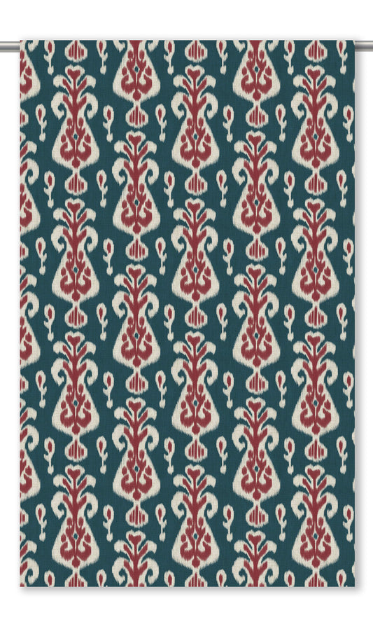 Ikat Floral Home Decor Fabric Sample (Prussian Blue/ Maroon Red)